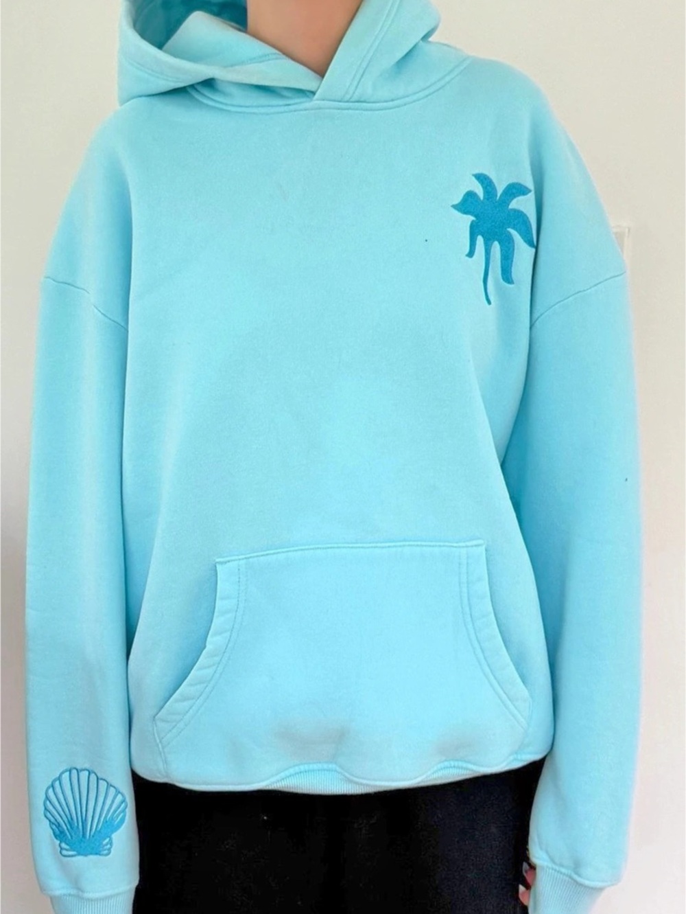 Pink Palm Puff Hawaii Hibiscus Hoodie Blue Size Medium